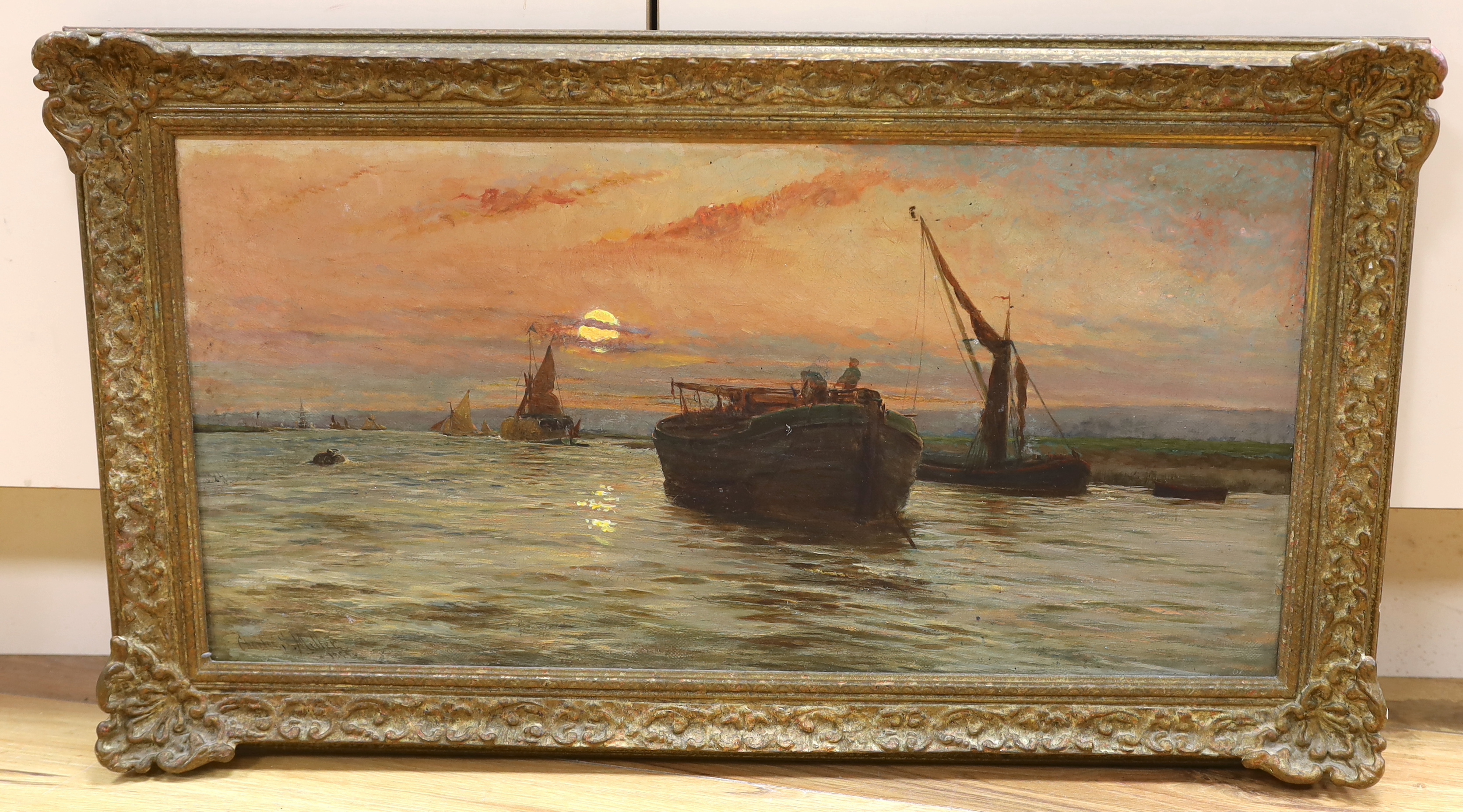 Charles H. Miller (American, 1842-1922), oil on canvas, Dusk-lit marine view, inscribed 'The River' Tottenham, signed and dated 1885, 29 x 59cm